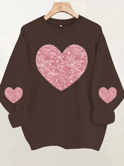 Pink Glitter Heart Print Grey Sweatshirt | Cozy Long Sleeve Pullover for Women