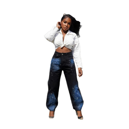 Women's Streetwear Starry Blue Graffiti Print Straight Leg Jeans