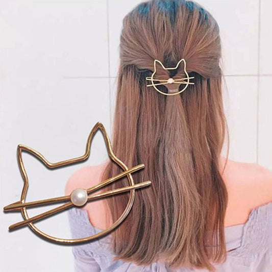 Hollow Out Cute Cat Head Hair Clip / Gold Tone Imitation Pearl Hair Pin for Women and Girls