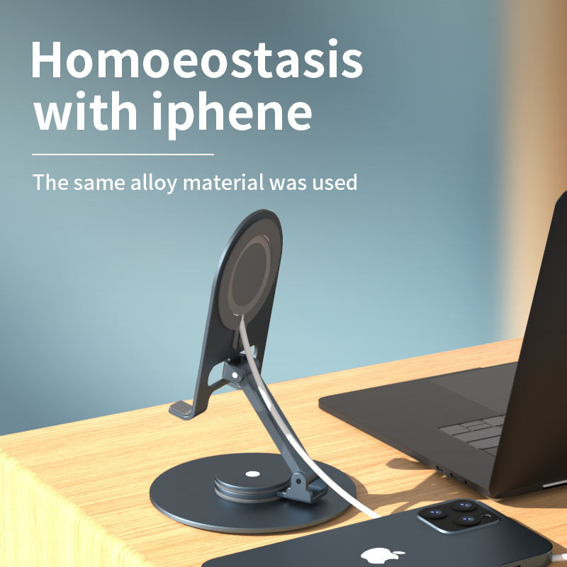 Premium Adjustable Desktop Magnetic Phone Holder - Metal Rotating Wireless Charging Stand for iPhone