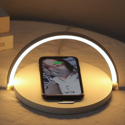 15W Fast Wireless Charger with Rainbow Night Light - Circular Wooden Desktop Phone Stand