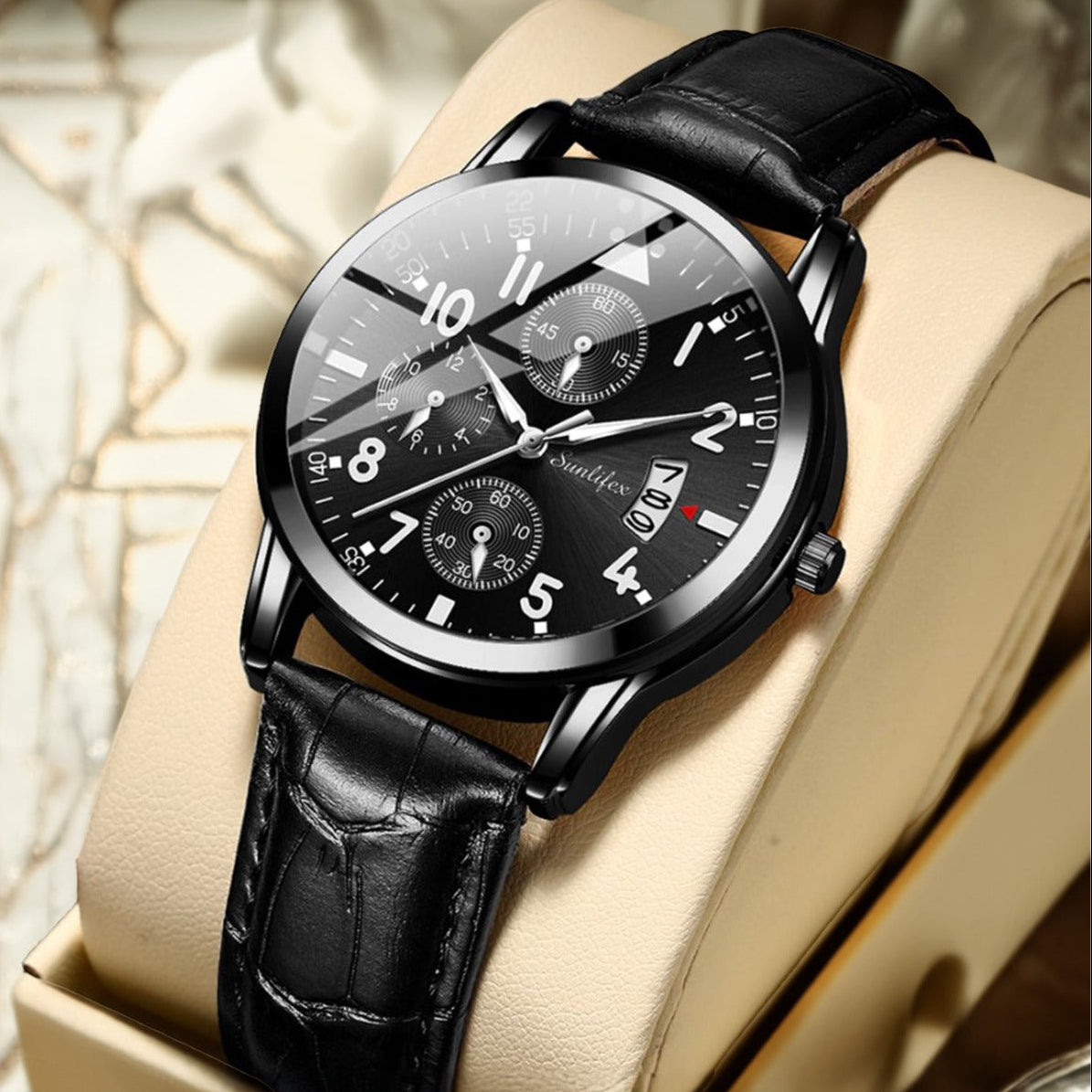 Waterproof Analog Men's Watch (Student/Casual) with Black Dial and Leather Band