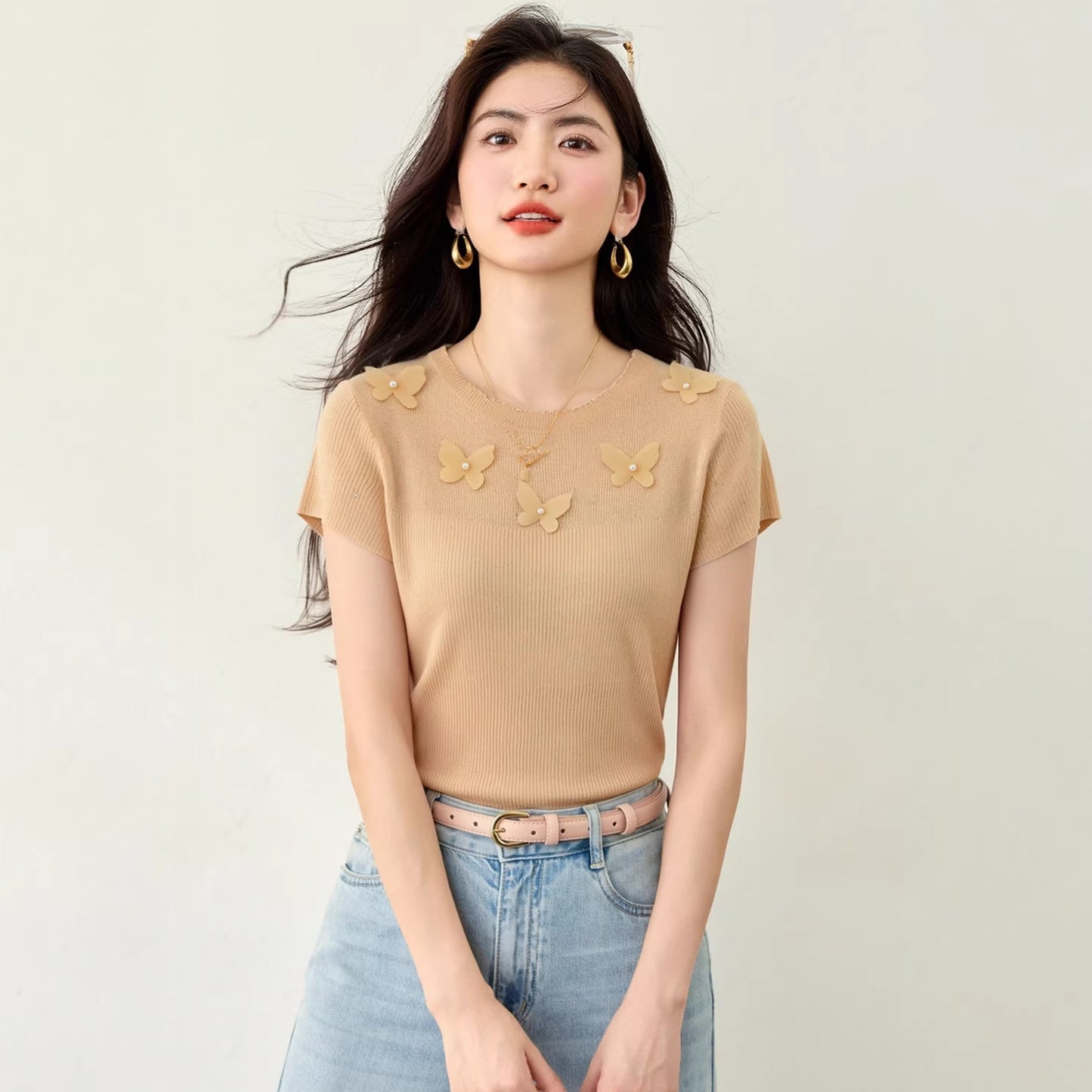 Women's Unique Butterfly Bow Detail Knit Top - Chic Short Sleeve Fitted Tee