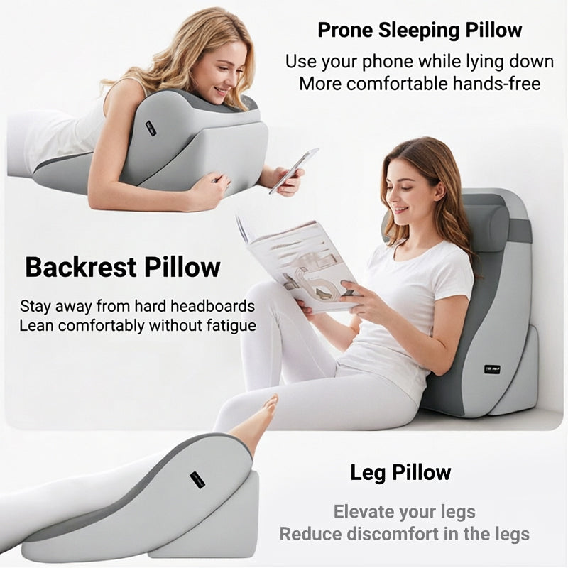 Memory Foam Reading Pillow with Neck Roll - Ergonomic Bed Backrest Support Cushion