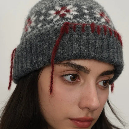 Geometric Pattern Knit Beanie with Seam Trim and Pompom | Stylish Winter Cap