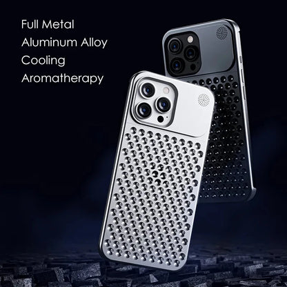 Breathable Hollow Aluminum Alloy Phone Case with Fragrance Pad - Shockproof Cooling Metal Cover for iPhone