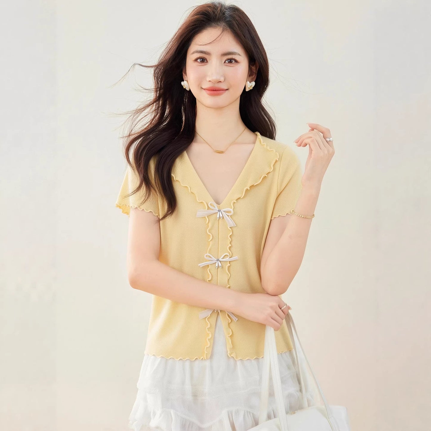 Sweet Butterfly Knot Knit Top - Elegant Ruffled Trim Summer Blouse for Women