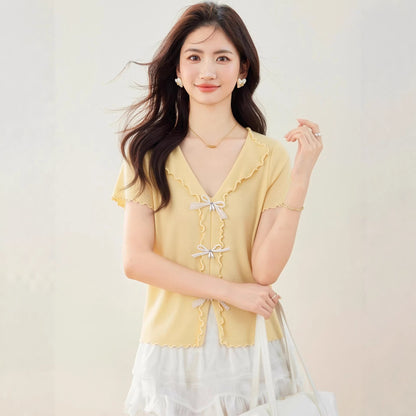 Sweet Butterfly Knot Knit Top - Elegant Ruffled Trim Summer Blouse for Women
