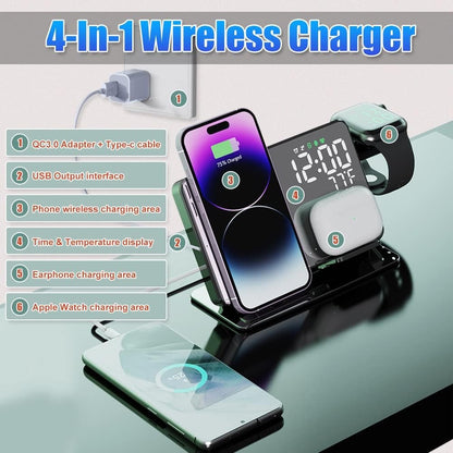 4-in-1 15W Fast Wireless Charging Station - Digital Alarm Clock with Temperature Display & Phone Charger