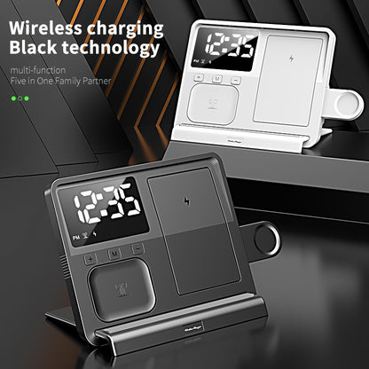 3-in-1 Fast Wireless Charging Station with Digital Alarm Clock - Multi-Device Desk Charger Stand
