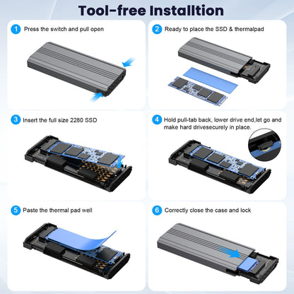 USB 3.1 Dual-Protocol Solid State Drive Enclosure - Tool-Free Type-C NVMe/NGFF Hard Drive Box