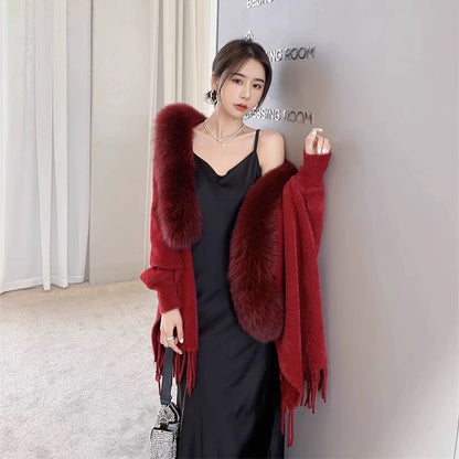 Autumn Winter Women's Faux Fur Collar Knitted Cape Cardigan | Solid Color Poncho