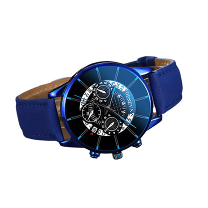 Men's Blue Quartz Watch and Bracelet Gift Set - Casual Business Leather Strap Wristwatch