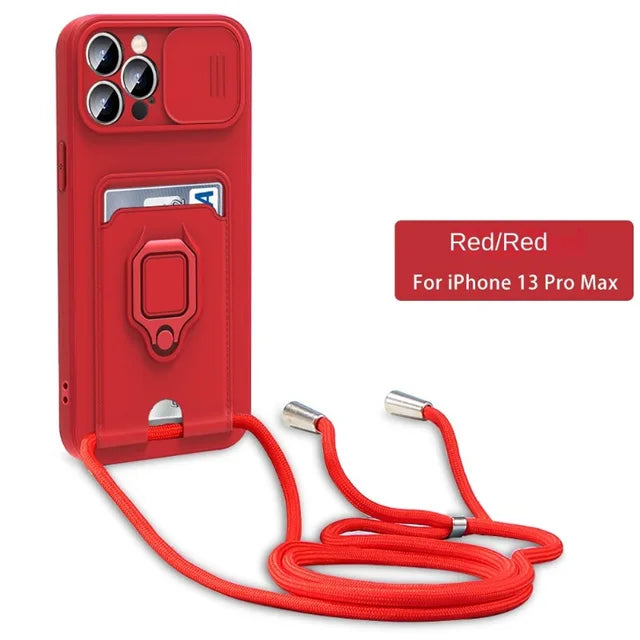 Crossbody Lanyard Phone Case with Card Holder & Ring Holder Kickstand for iPhone 15 14 13 12 11 Pro Max