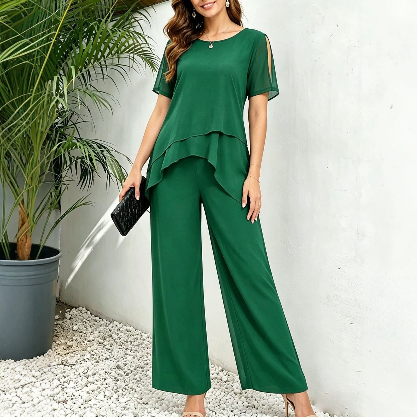 Women's Elegant Irregular Layered Top and Wide-Leg Pants Two-Piece Set
