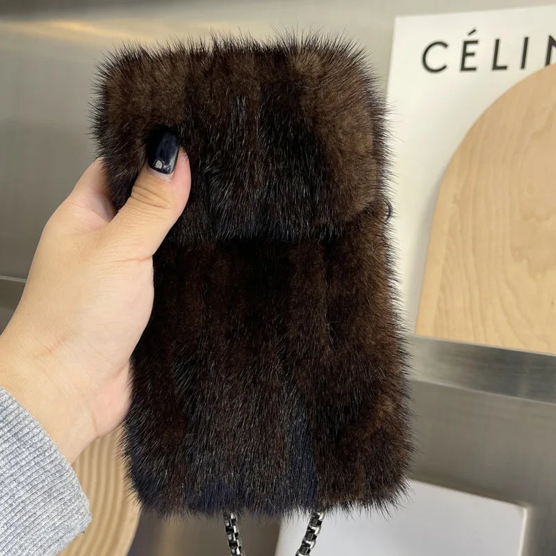 Luxury Real Mink Fur Crossbody Phone Bag for Women - Plush Winter Shoulder Messenger Pouch