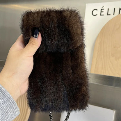 Luxury Real Mink Fur Crossbody Phone Bag for Women - Plush Winter Shoulder Messenger Pouch