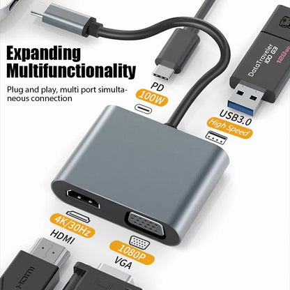 4-in-1 USB C Hub - Type-C Adapter with 4K HDMI, VGA, USB 3.0 & PD Fast Charge for MacBook and Laptops