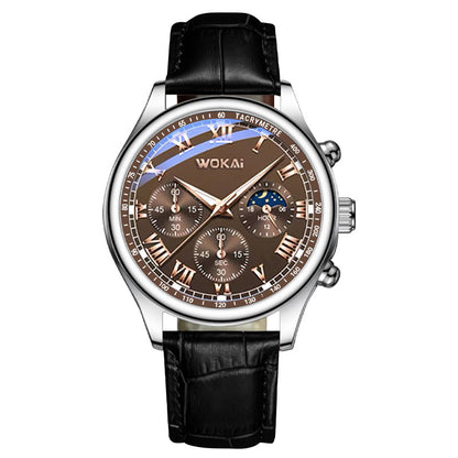Luxury Men's Business Quartz Chronograph Watch with Brown Leather Strap