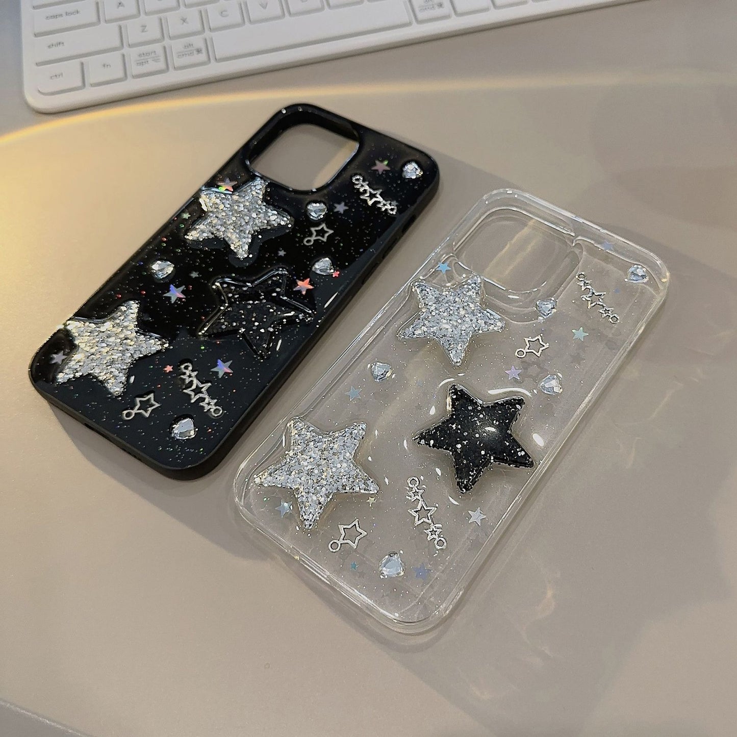 3D Glitter Star Resin Phone Case for iPhone 15 14 13 12 11 Pro Max - Y2K Spicy Girl Black Soft Cover