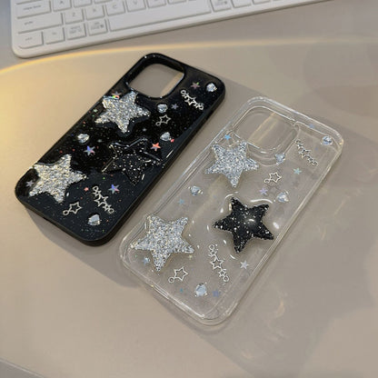 3D Glitter Star Resin Phone Case for iPhone 15 14 13 12 11 Pro Max - Y2K Spicy Girl Black Soft Cover