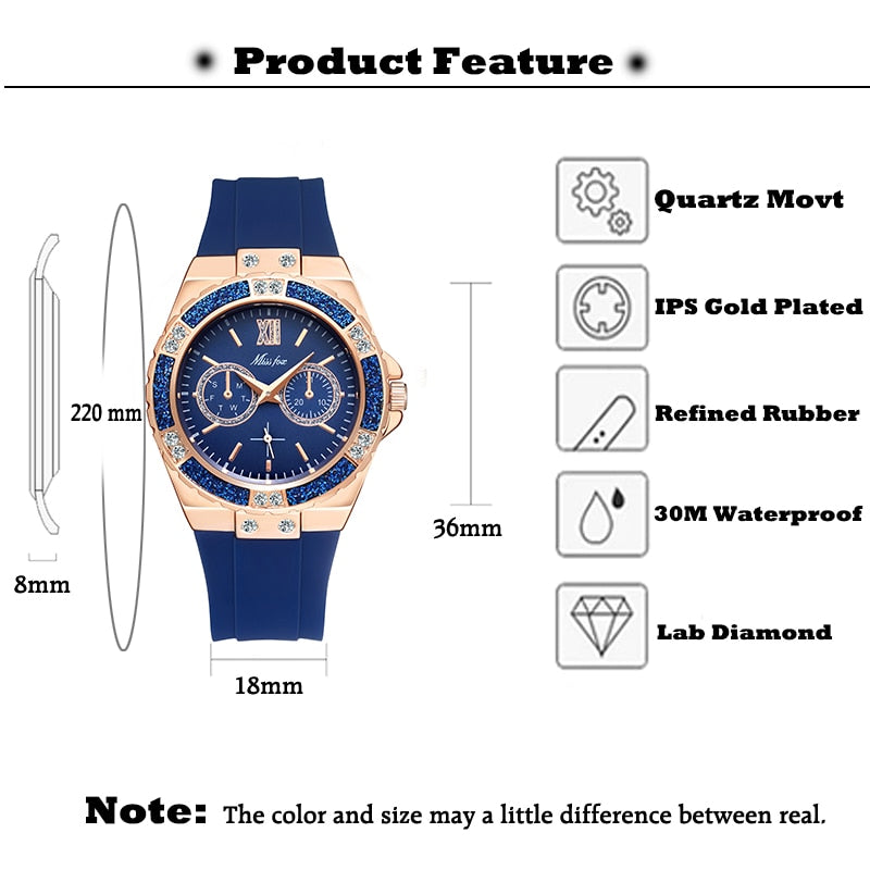 Elegant Ladies Diamond Quartz Wristwatch with Blue Rubber Band