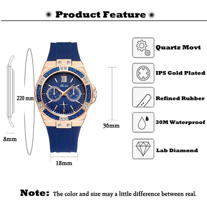 Elegant Ladies Diamond Quartz Wristwatch with Blue Rubber Band