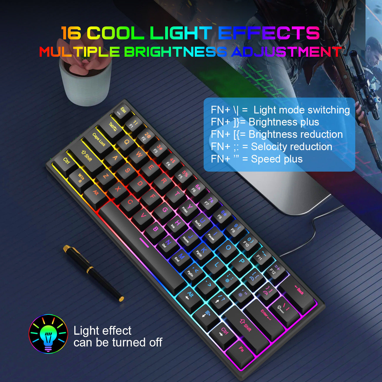 61-Key Mechanical Keyboard with Blue Switch - Mini Portable Wired Detachable Gaming Keyboard for Esports