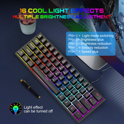 61-Key Mechanical Keyboard with Blue Switch - Mini Portable Wired Detachable Gaming Keyboard for Esports