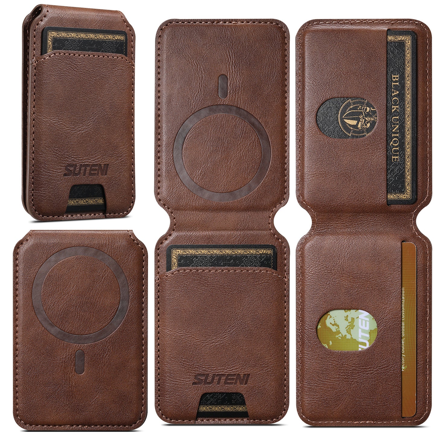 Magnetic Leather Wallet Card Holder Pouch for iPhone 15 14 13 Pro Max & Universal MagSafe Phones