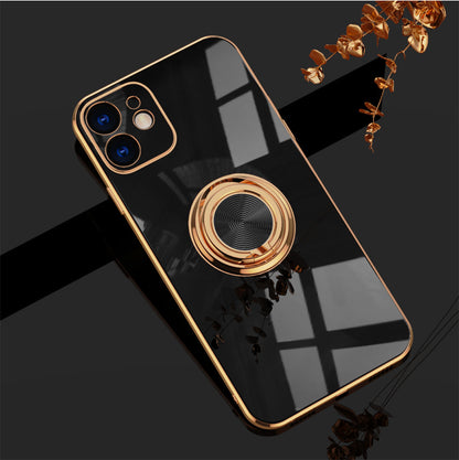 Luxury Plating Ring Holder Case for iPhone 14 13 12 - Magnetic Car Mount Kickstand Soft Silicone Cover