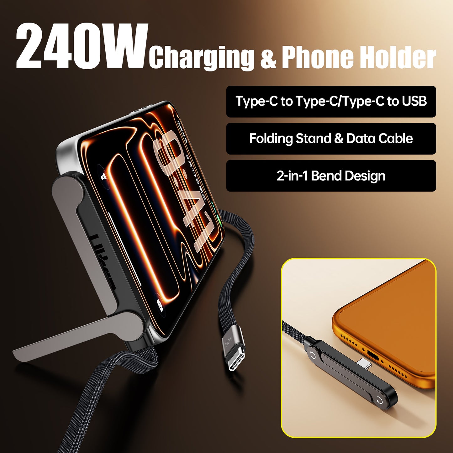 240W Fast Charging Cable with Folding Stand - Bendable Non-Blocking Data Cable & Phone Holder
