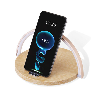 15W Fast Wireless Charger with Rainbow Night Light - Circular Wooden Desktop Phone Stand