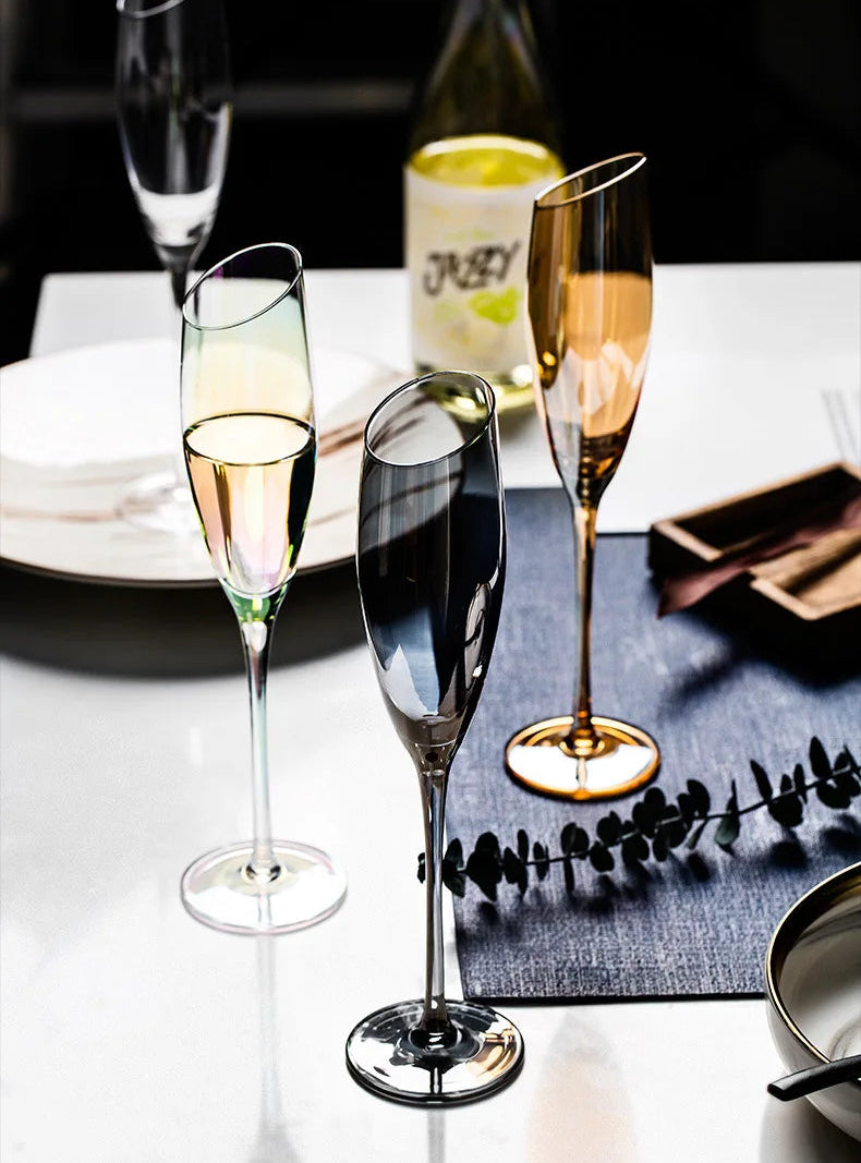 Nordic Bevel Gold Rim Crystal Wine Glass | Creative Slant Cut Champagne Goblet