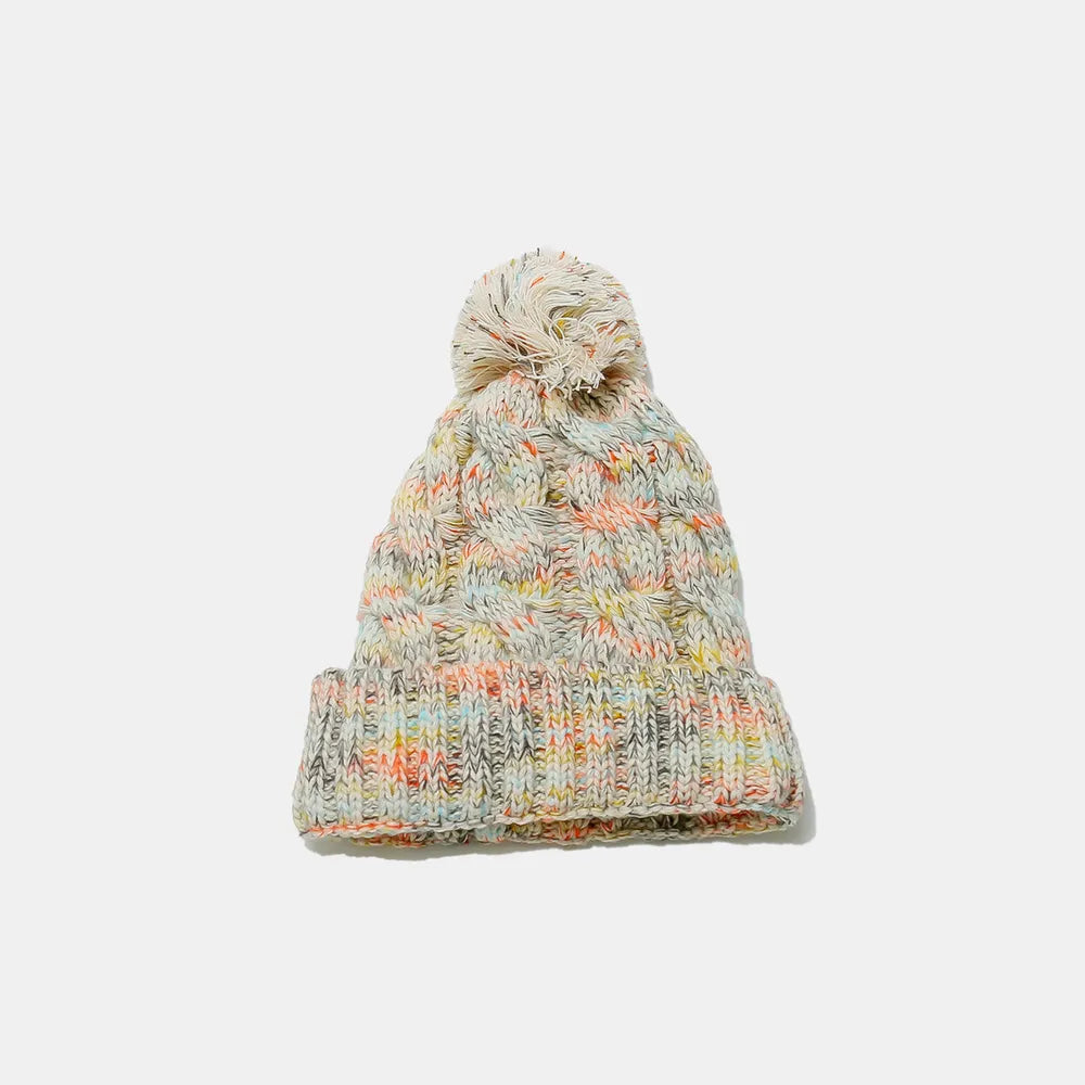 Chunky Knit Contrast Pompom Beanie Hat | Warm Winter Cable Knit Cap