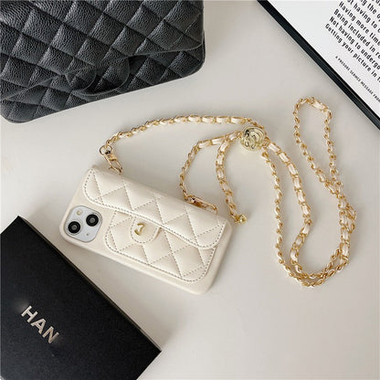 Luxury Quilted Leather Wallet Phone Case with Crossbody Chain & Card Holder for iPhone 16 15 14 13 Pro Max