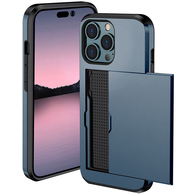 Sliding Card Holder Case for iPhone 14 13 12 Pro - Hidden Wallet Slot Anti-Drop Armor Cover