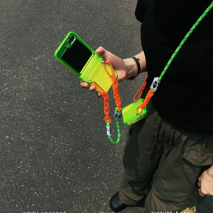 Trendy Crossbody Chain Strap Clear Neon Green Case - Shockproof Cover for Samsung Z Flip 5 Flip 4