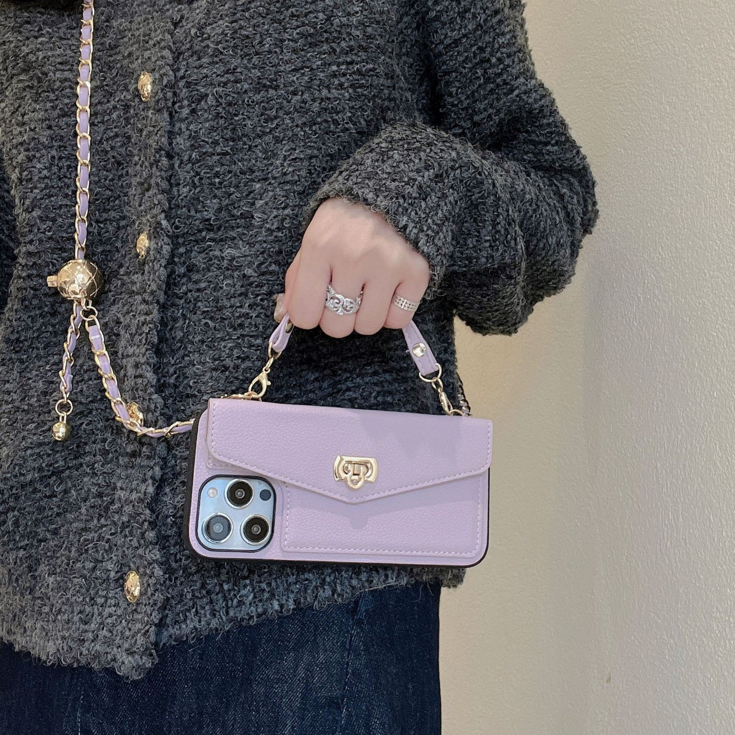 Wallet Card Holder Phone Case with Strap - Luxury Crossbody Chain Cover for iPhone