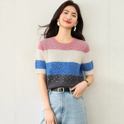 Women's Striped Sequin Short Sleeve T-Shirt - Crew Neck Slim Fit Knit Top