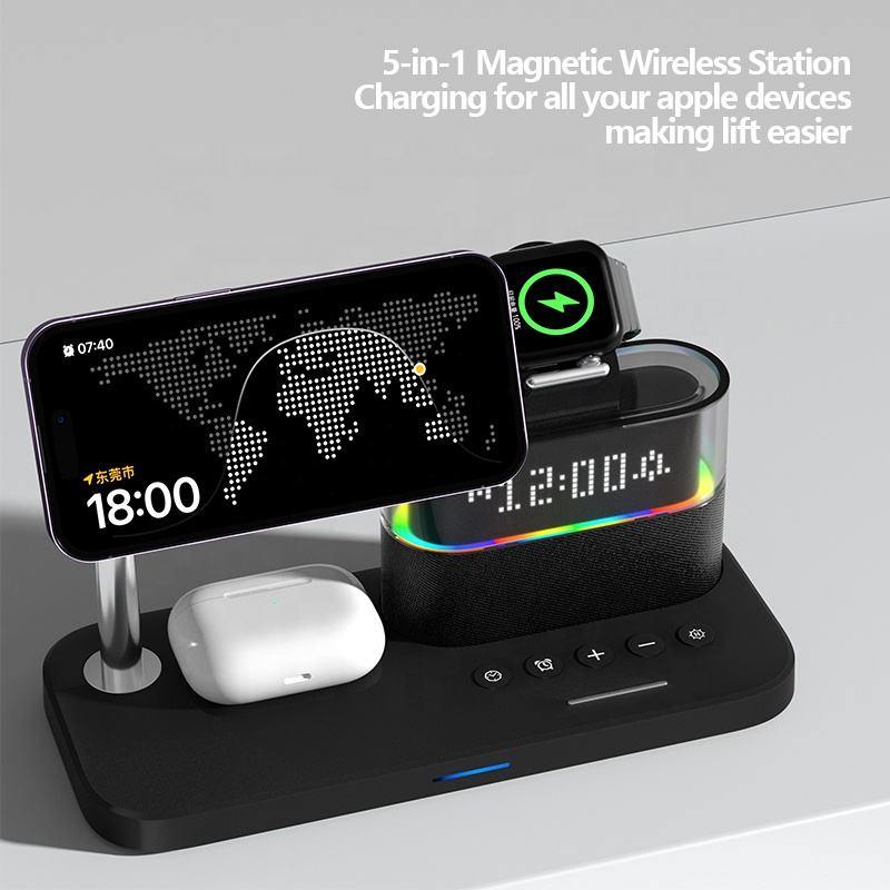 Multifunctional 3-in-1 Wireless Charging Station with Alarm Clock - Magnetic Desktop Charger Stand