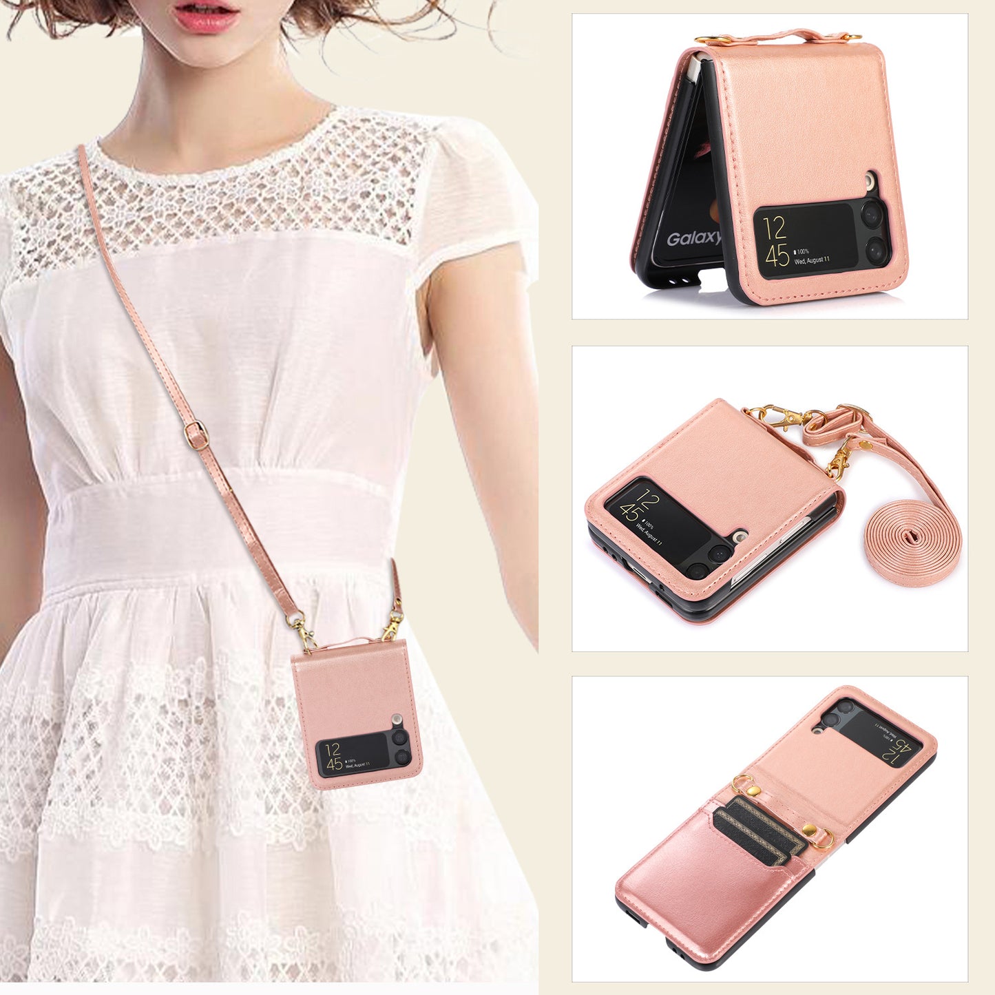Crossbody Lanyard Leather Card Holder Case for Samsung Galaxy Z Flip 5 / Flip 4 - Fashion Purse Wallet Cover