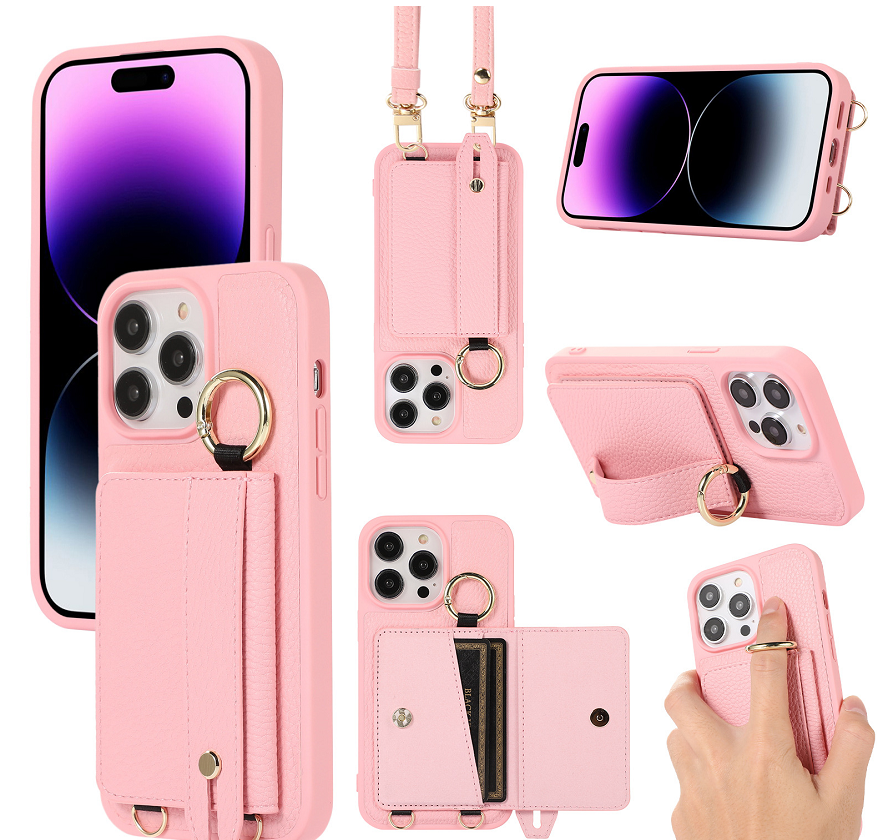Leather Card Holder Phone Case with Wrist Strap & Stand - Multifunctional Wallet Cover for iPhone