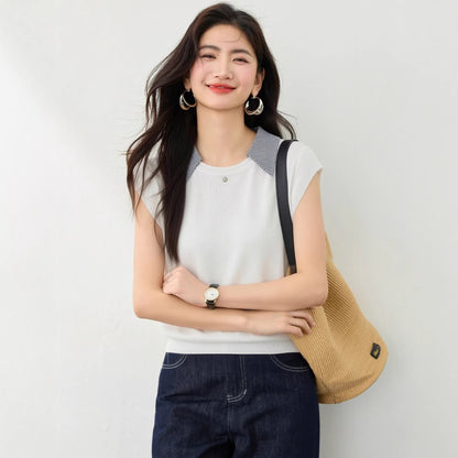 Stripe Turn-down Collar Short Sleeve Knit Top with Layered Look