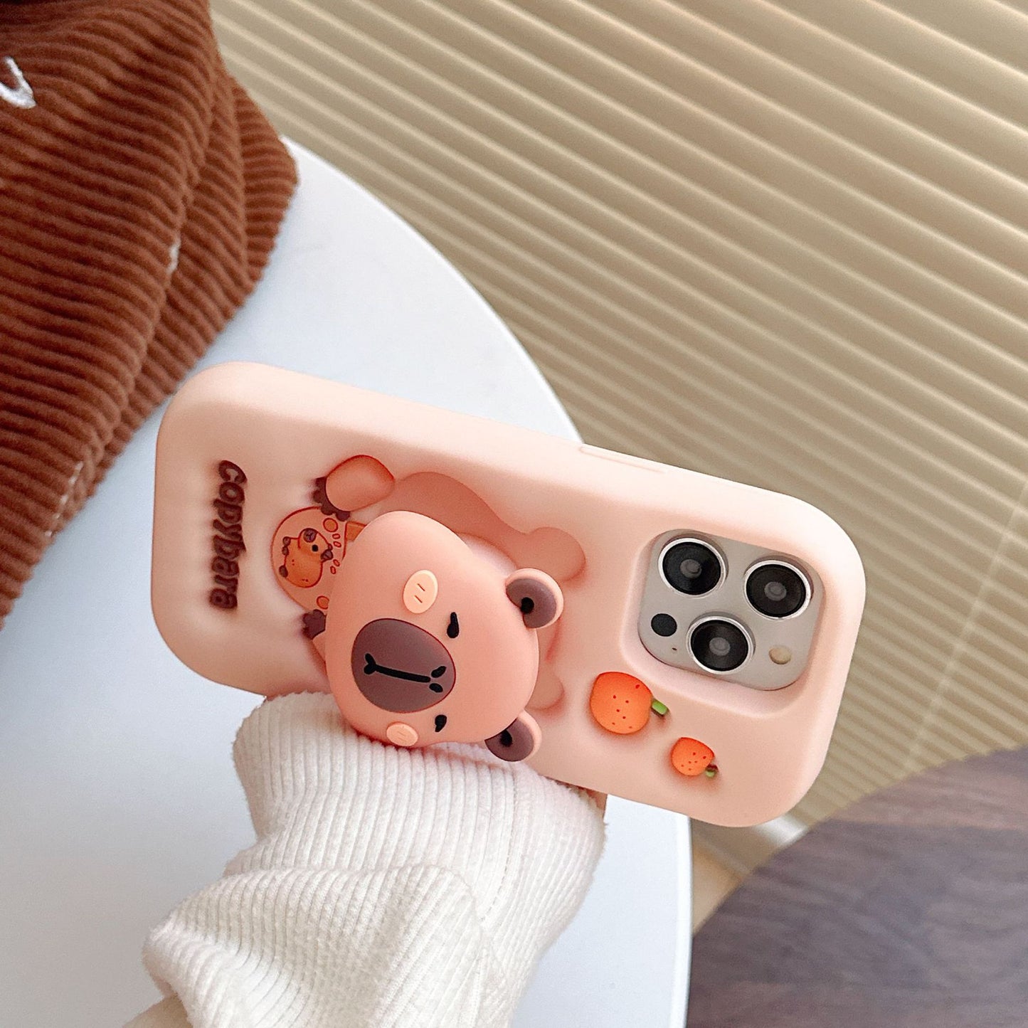 Cute 3D Capybara Stretchable Bracket Phone Case for iPhone 17 16 15 14 Pro Max - Soft Stand Cover