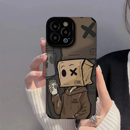 Funny Cardboard Box Head Social Anxiety Cartoon Phone Case for iPhone 15 14 13 12 11 Pro Max - Soft TPU Cover