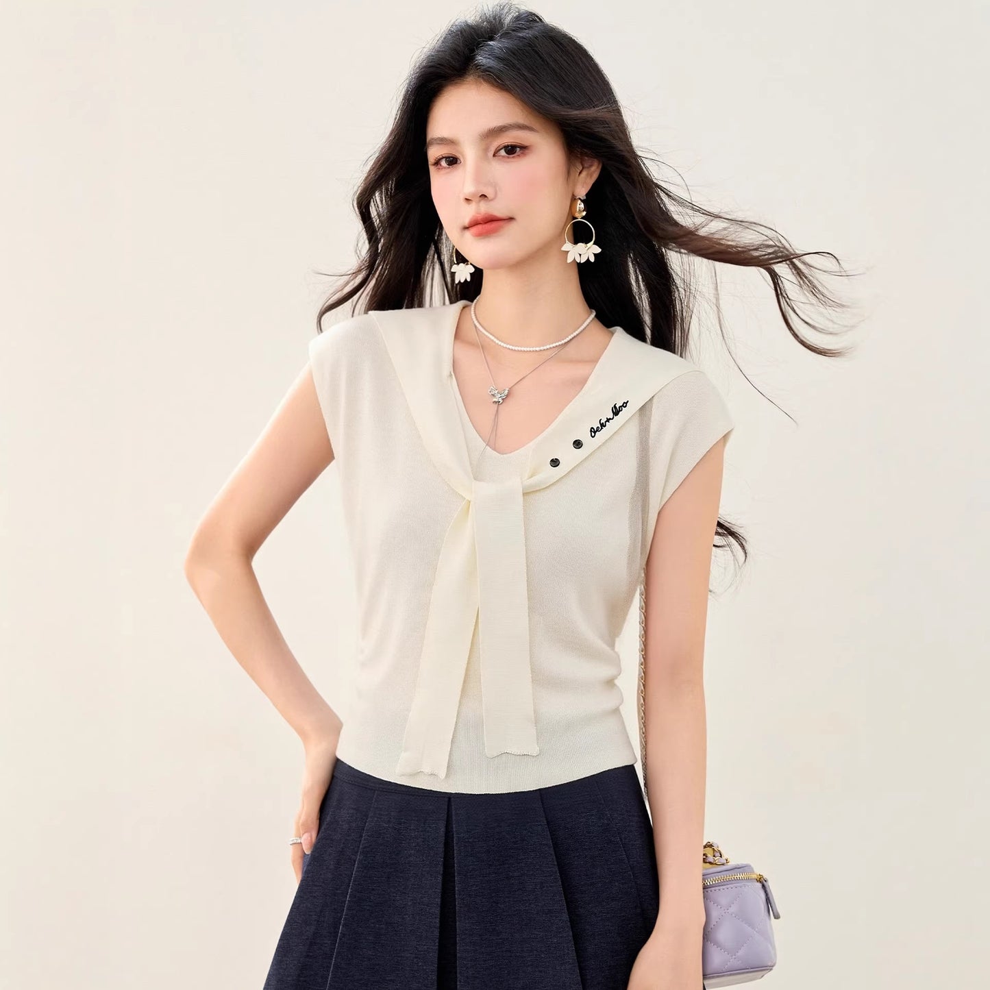 Women's Sailor Collar Embroidered Knit Top - Mock Two-Piece Flutter Sleeve Shirt