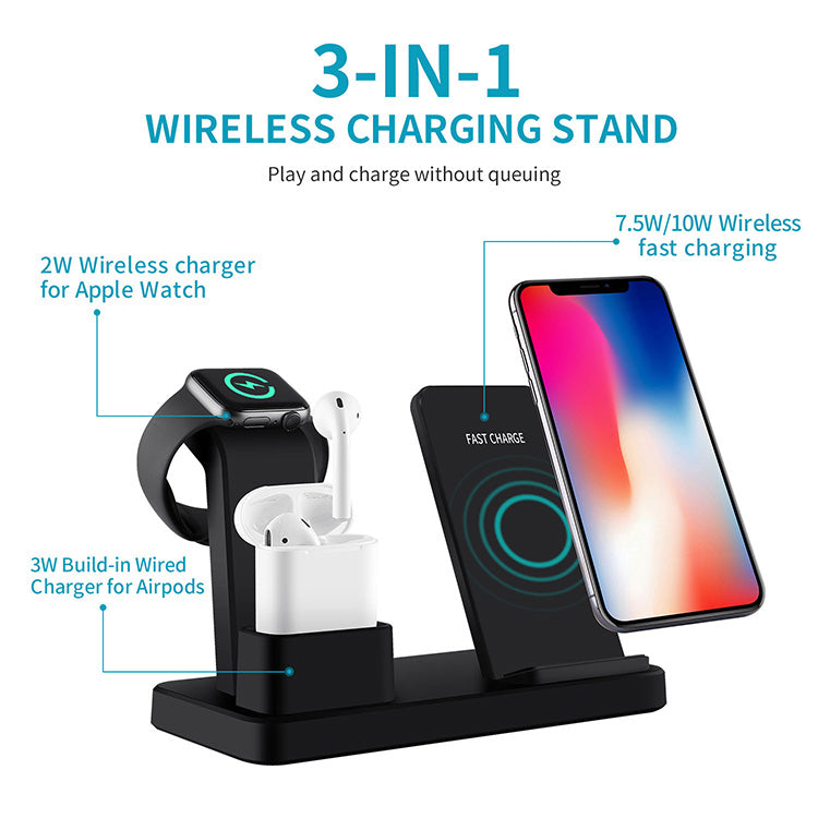 3-in-1 Wireless Fast Charger Stand 10W - Desktop Storage Charging Station for iPhone, Apple Watch & AirPods