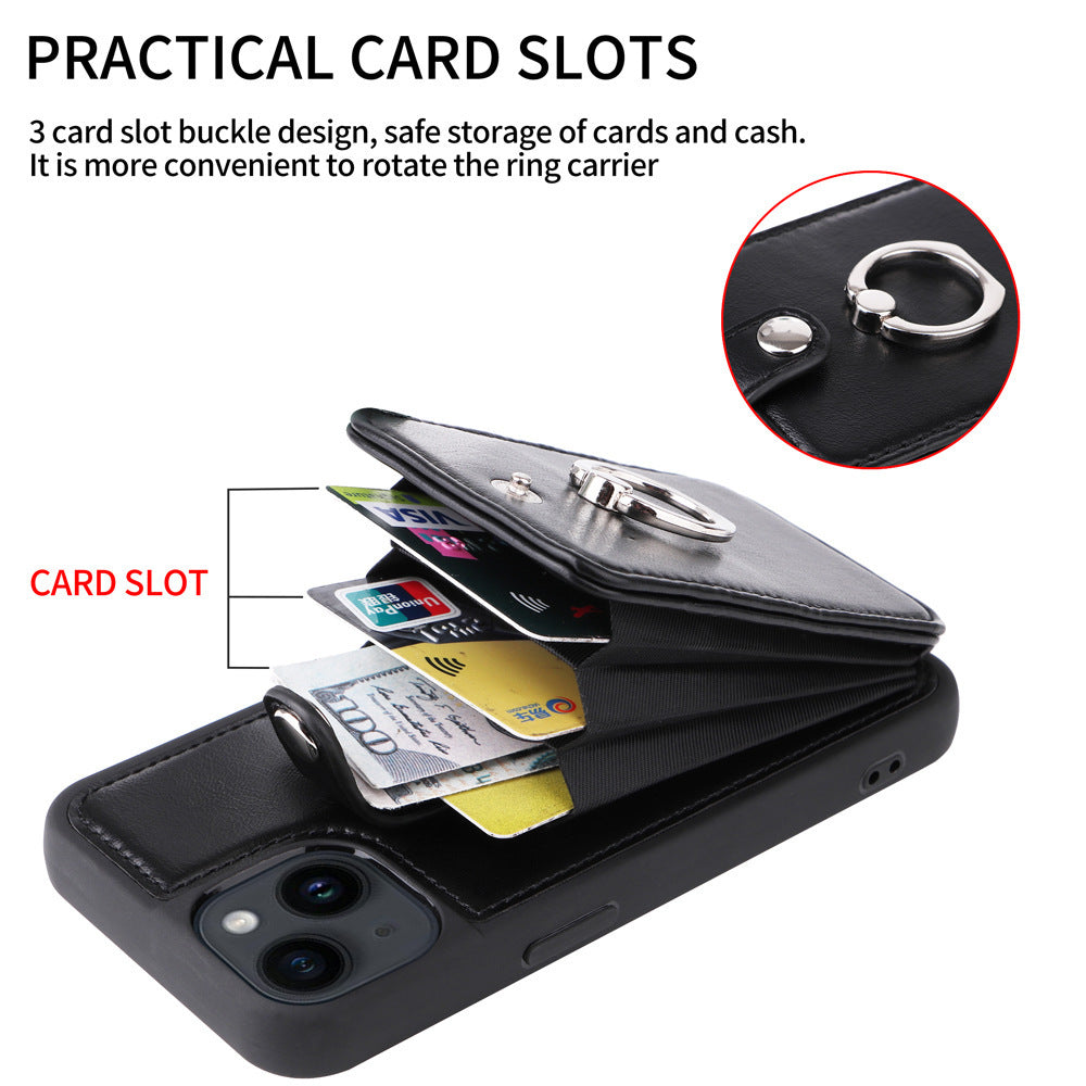 Multi Card Slot Leather Wallet Case with Metal Ring Stand - Shockproof Back Cover for iPhone