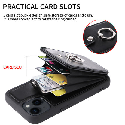 Multi Card Slot Leather Wallet Case with Metal Ring Stand - Shockproof Back Cover for iPhone